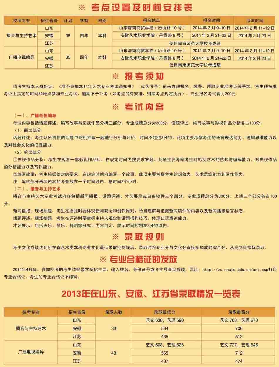 南京師范大學泰州學院2014年播音主持藝術、廣播電視編導招生簡章