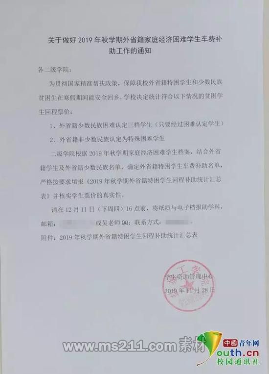 圖為鹽城工學(xué)院發(fā)布的《關(guān)于做好2019年秋學(xué)期外省籍家庭經(jīng)濟(jì)困難學(xué)生車(chē)費(fèi)補(bǔ)助工作的通知》。中國(guó)青年網(wǎng)通訊員 閆春旭 供圖